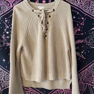Women’s Tan Oversized Lace Up Cozy Sweater